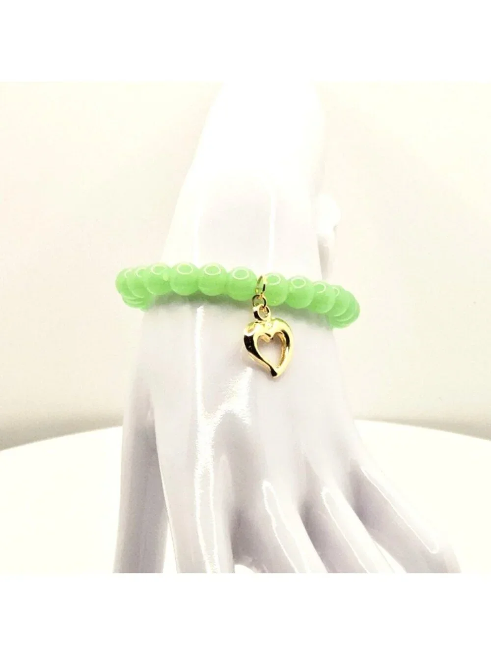 Green Heart Bracelet, Beaded Heart Charm Bracelet, Lucky Green Bracelet, Cute